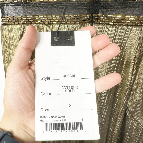 NWT Flash by Mac Duggal Illusion Waist D V-Neck Gown 8 Antique Gold #8057 - Picture 8 of 11